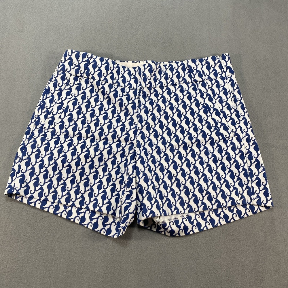J. Crew Women's White Navy Blue Seahorse Nautical Print Cotton Chino Shorts Sz 2